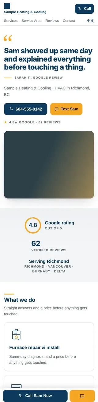 The sample build on a phone: a finished home-service website, in English